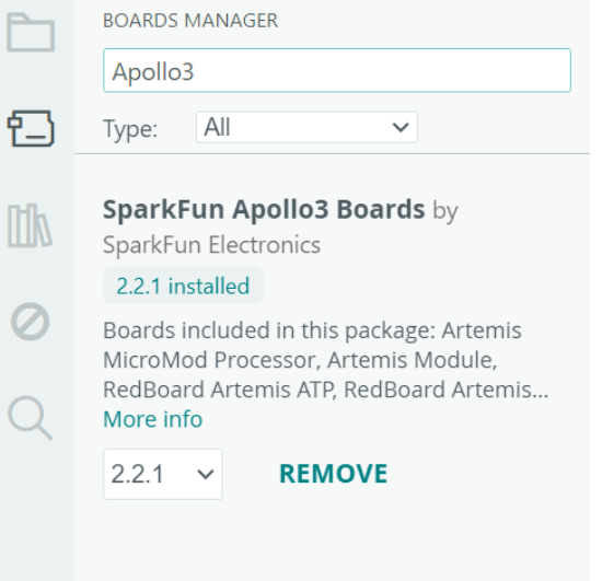 Boards Manager showing SparkFun Apollo3 Boards installed