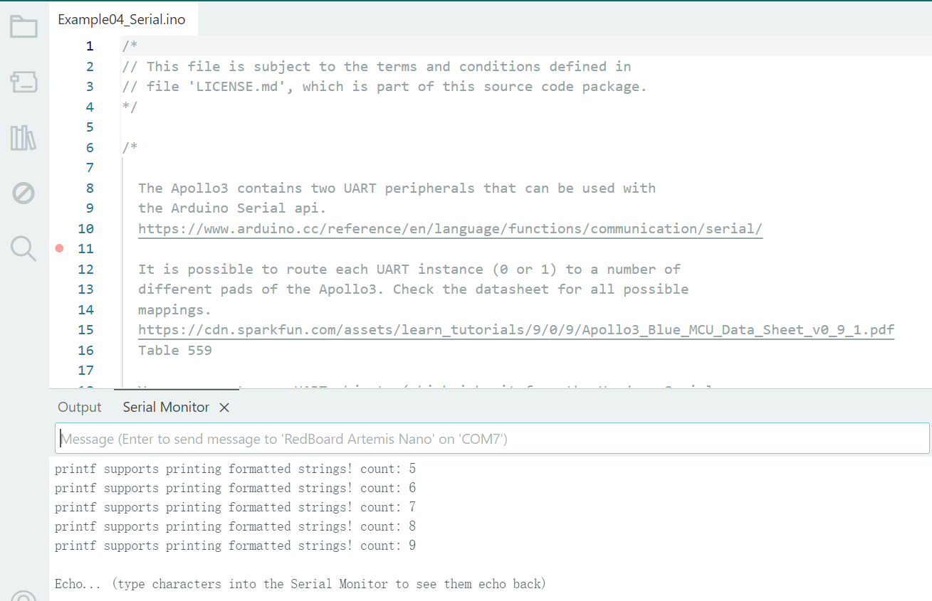 Serial Monitor showing stable periodic prints